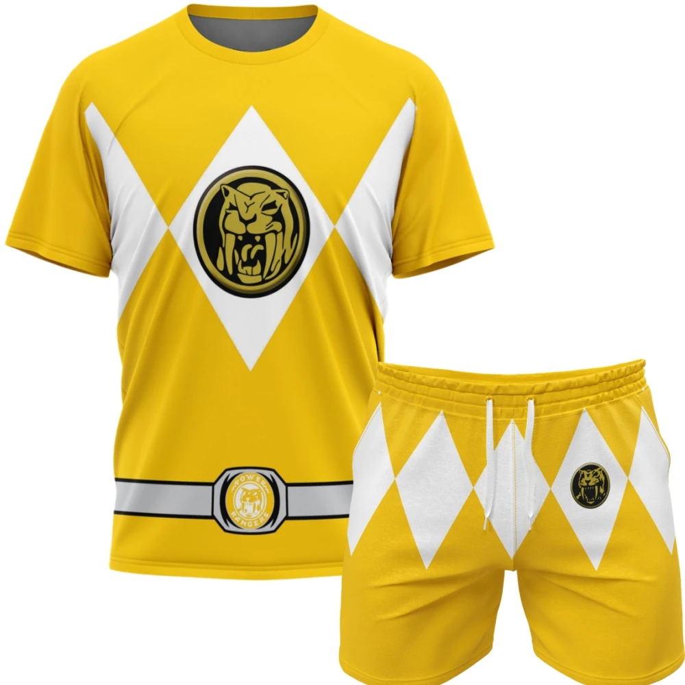 Conjunto Esportivo Unissex Bandai Power Rangers Verão 2026: Camiseta e Shorts Oversized Respiráveis de Secagem Rápida para Fitness e Corrida ﻿