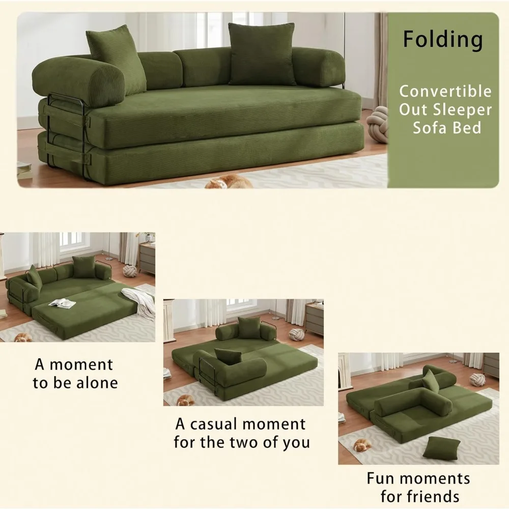 Convertible Sleeper Sofa Bed with Cylindrical Pillow, Corduroy Folding Mattress Couch，Fixed-Shape Frame, Floor Sofa Lounge Couch image 6