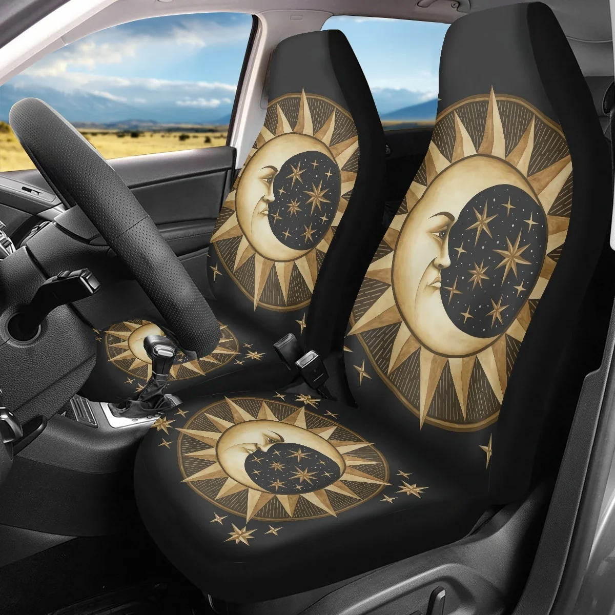 INSTANTARTS Ancient Moon Design Vehicle Seat Covers Front Seat Heavenly Dreams Print Soft Car Seat Protector Car Accessories 