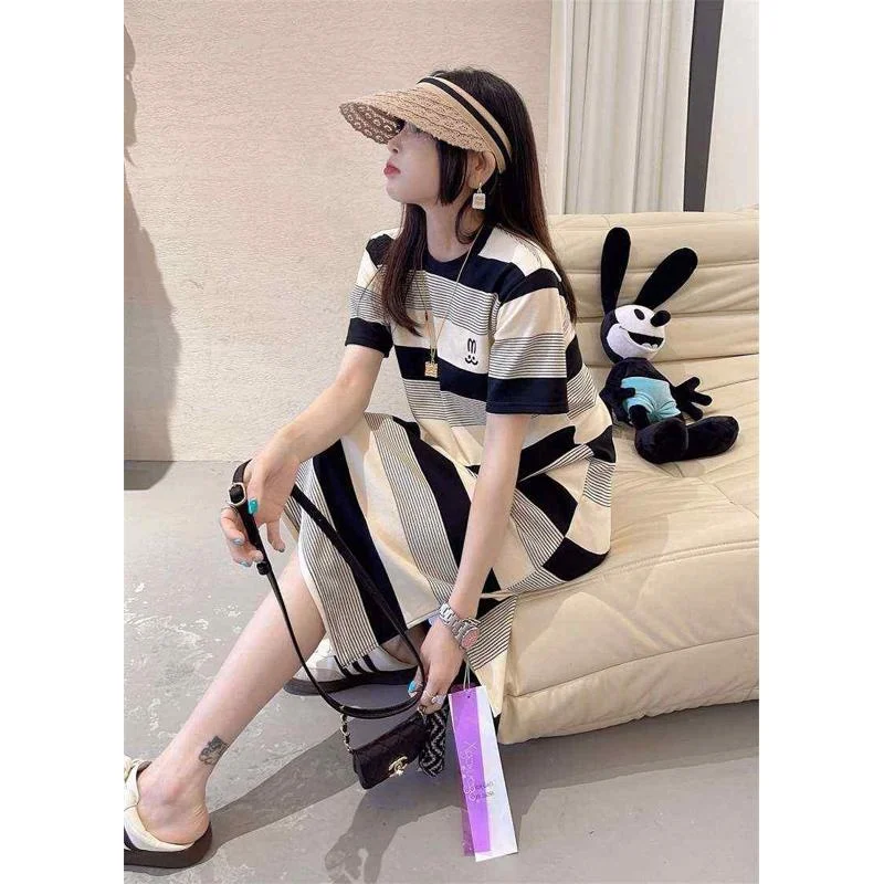 T-shirt d'été à rayures pour femmes, taille ample, mélange de coton et de lin doux, robe trapèze mi-longue pour 8 à 24 ans