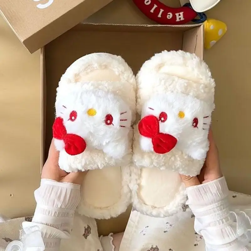 

Милые мультяшные кавайные тапочки «Hello Kitty» на толстой подошве для женской уличной одежды, новые осенние универсальные хлопковые тапочки