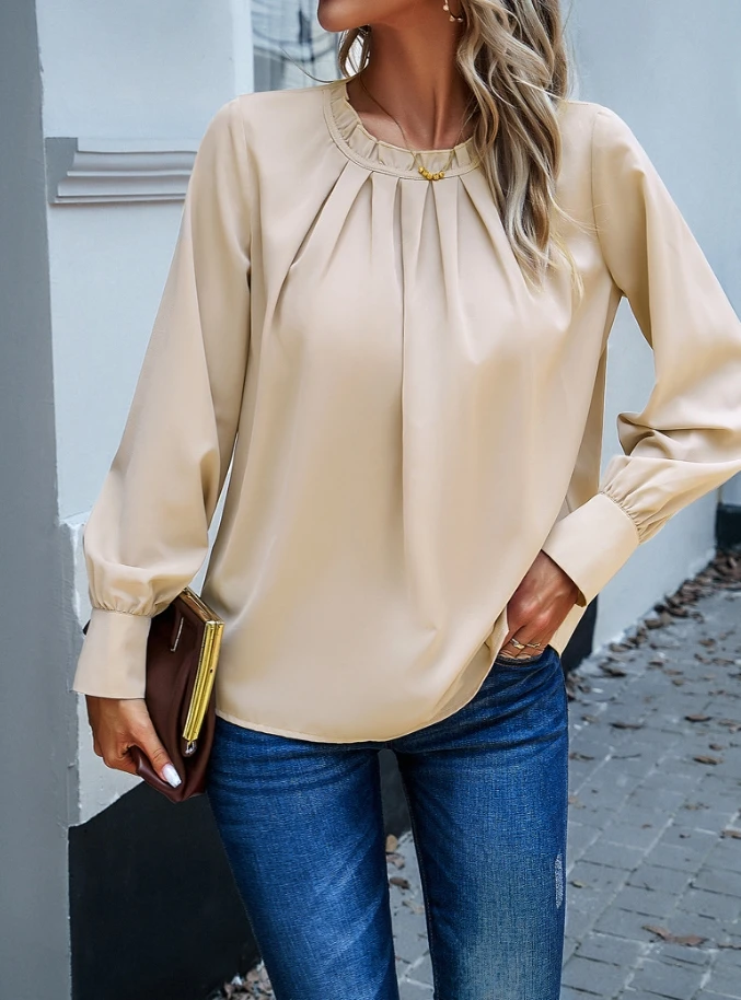 

Woman Blouse Elegant Commuting Ruffles Lace Round Collar Ruched Design Lantern Long Sleeved Solid Color Casual Loose Fit Top