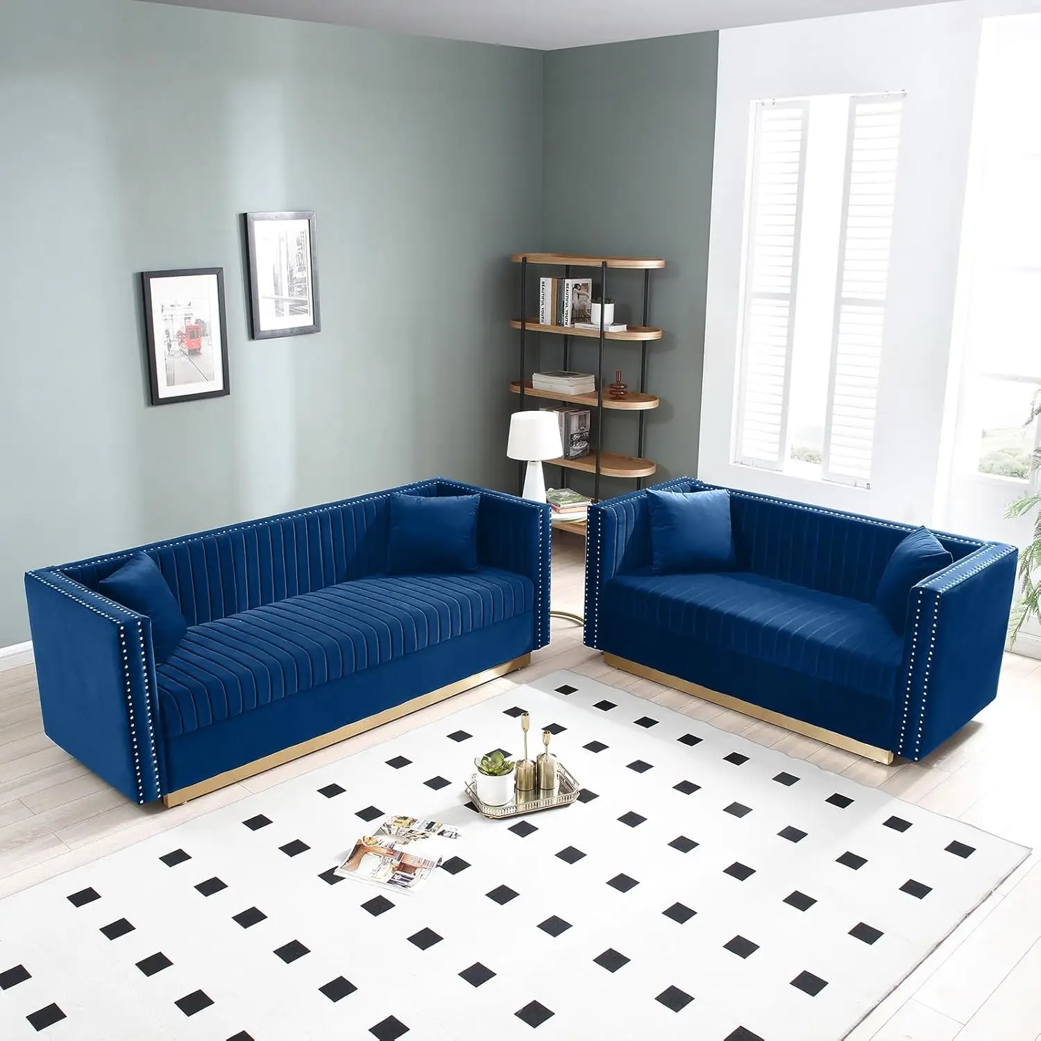 2 Piece Sofa Set, Velvet Couch & Loveseat, Modern Tufted Furniture with Pillows, Nailhead Trim, Navy Blue