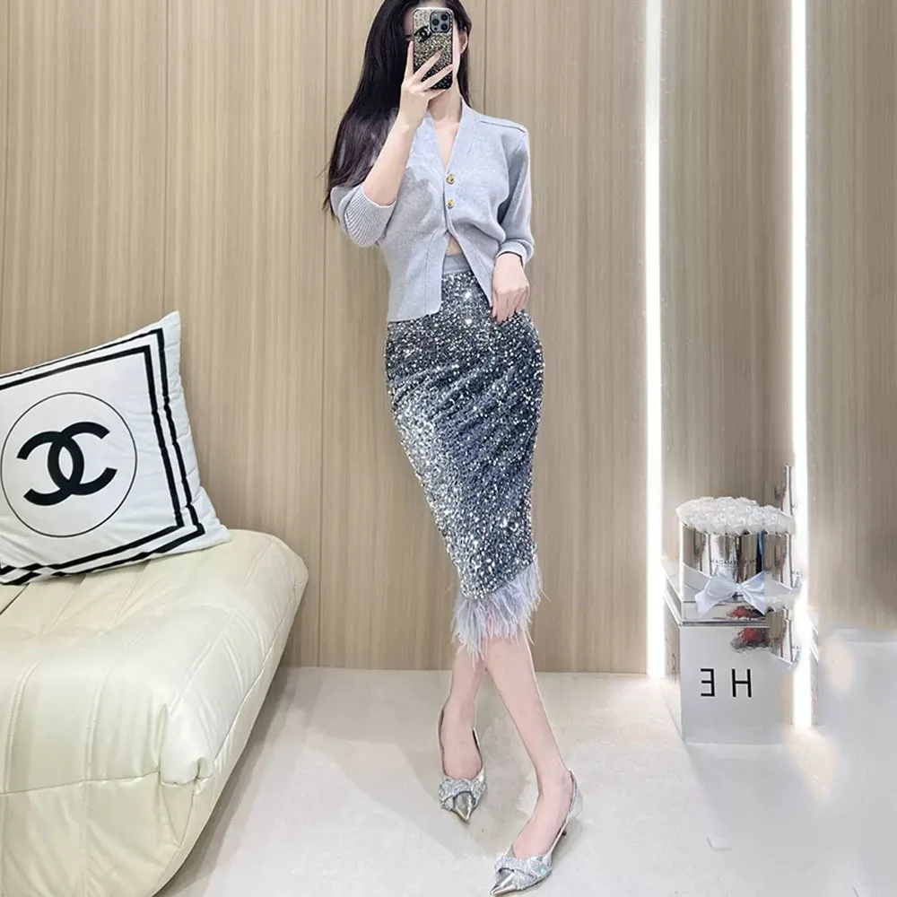 Korean Elegant Mid Length Skirt Ladies Autumn Sexy Femme Trend Slim Shinny Skirt Women Sequins Ostrich Hair Splice Pencil Skirts