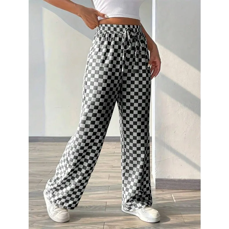New Loose Casual Pants, Women's Yoga Pants, Breathable Hanging Straight Leg Wide Leg Sports Pants, Checkered Printed Streetwear
