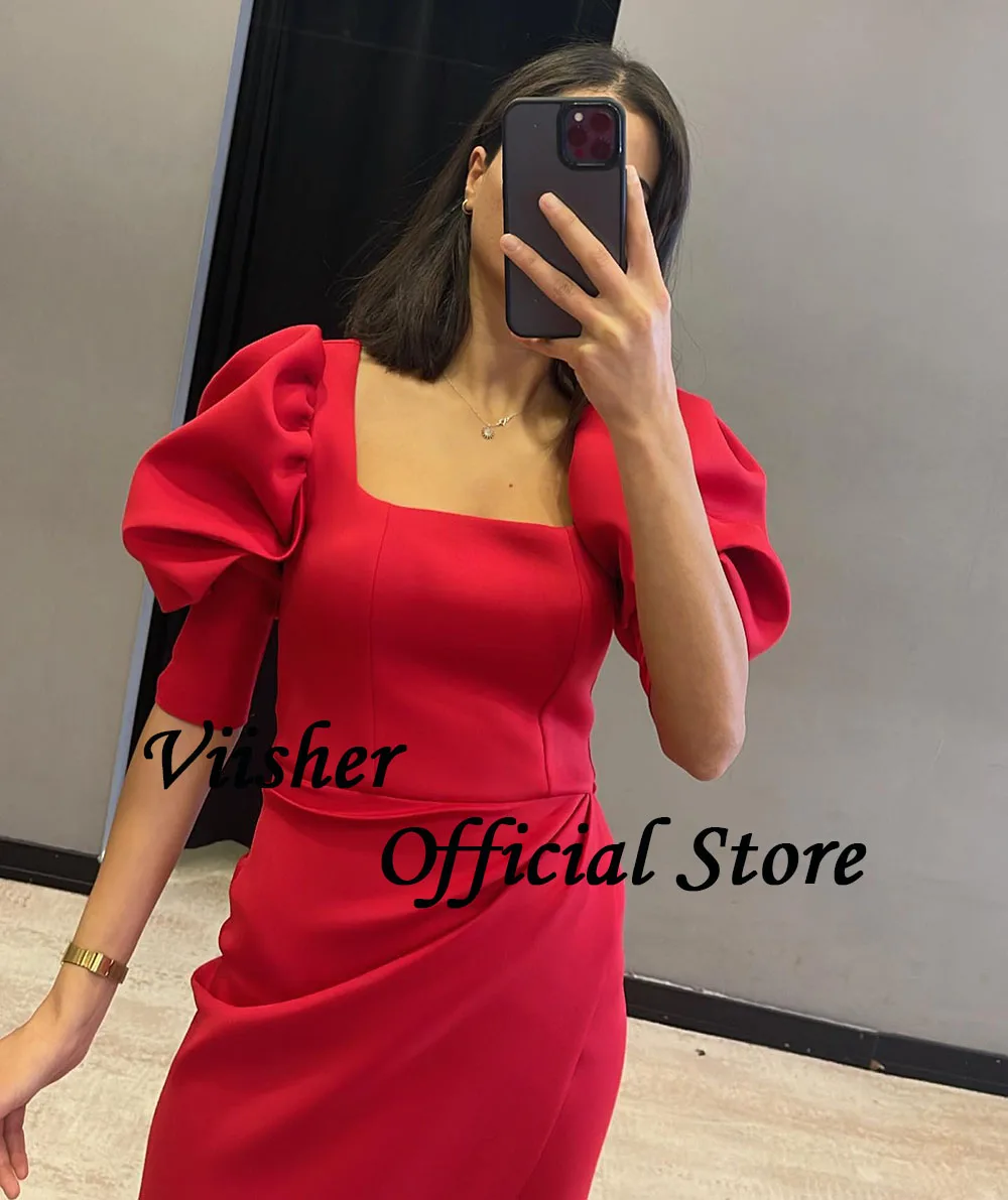 Visher schwarz Satin Meerjungfrau Abendkleider Kurzarm quadratischen Hals Abschluss ball Party kleid mit Schlitz lange formelle Abendkleider