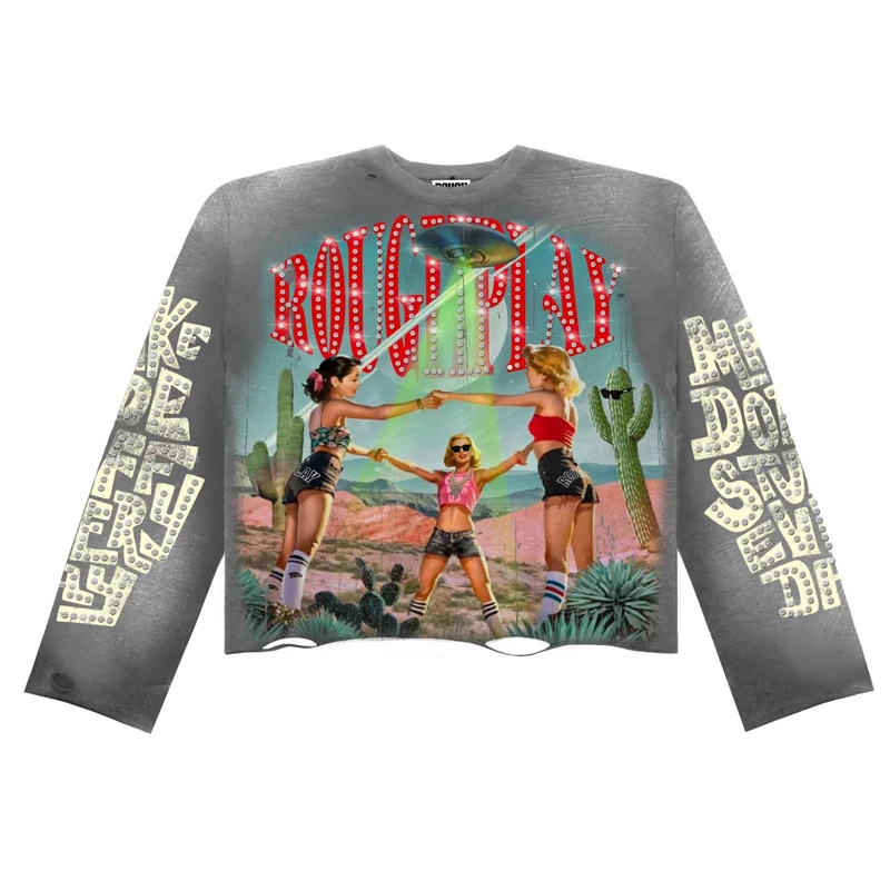 

Футболка High Street ROUGHPLAY, мужские и женские универсальные топы с забавным принтом, модные футболки с длинными рукавами для грубых игр