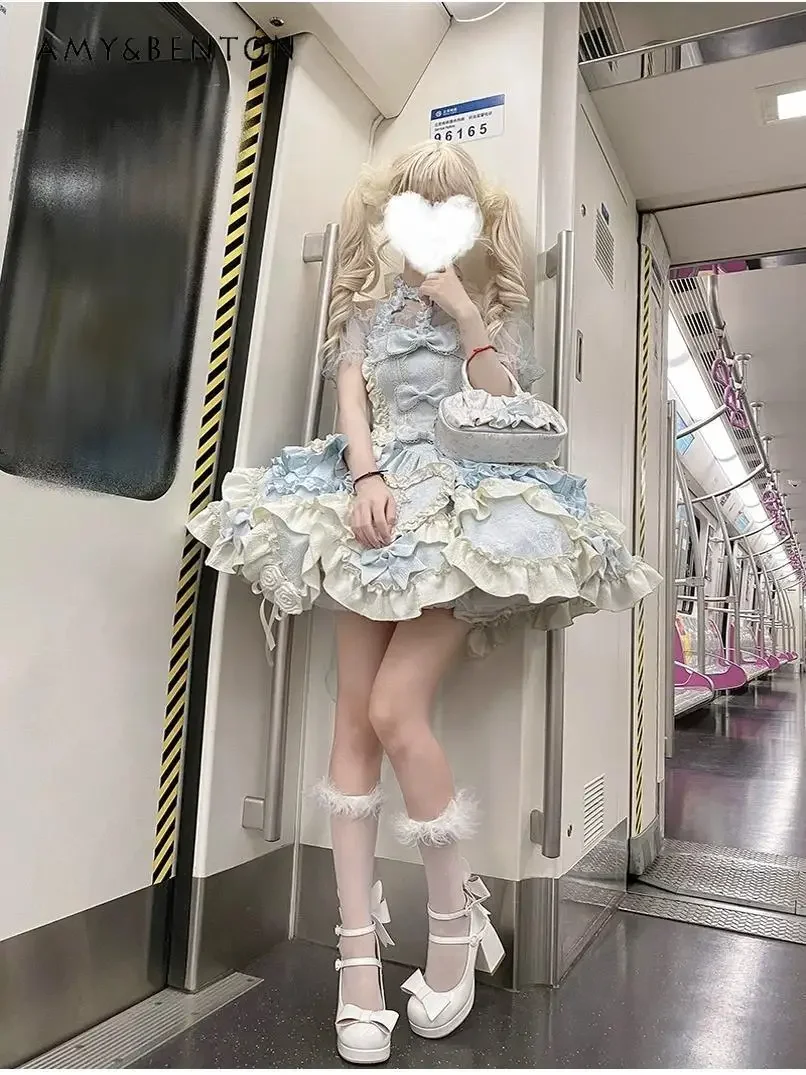 Doce diário lolita jsk princesa vestido de baile bonito arco tubo superior fino em camadas bolo vestido para mulheres gracioso vestido de festa verão
