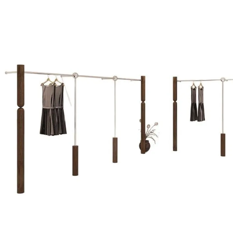 

Clothing store hangers, stainless steel solid wood wall-mounted side-hanging hangers, floor-to-ceiling women's clothing store