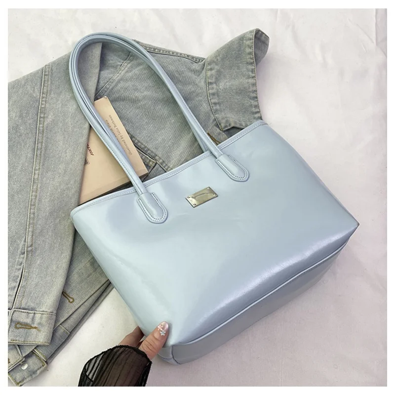 Women Solid Glossy Tote Bag Large Capacity Metal Label Decor Top Handle Shoulder Bag Office School Commuting Handbag