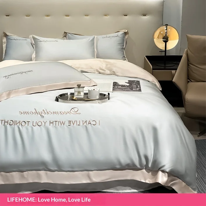 Ice Silk High-End Four-Piece Set Light Luxury Silky Smooth Solid Color Bedding Sleeping Naked Luxury Sheets Fitted Sheet
