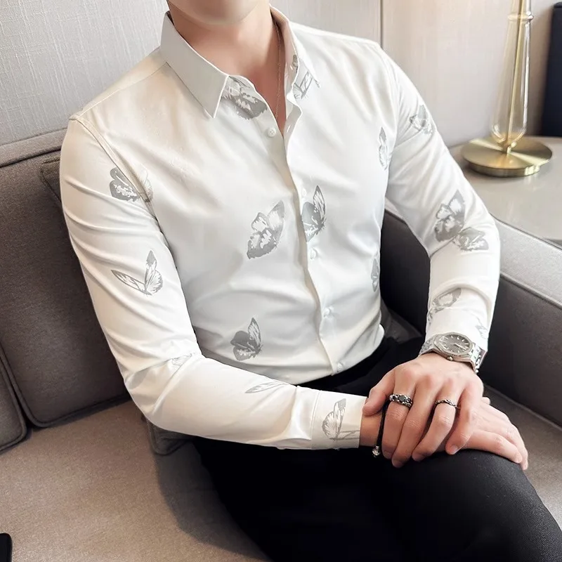 2023 Autumn Nightglow Butterfly Printed Men\'s Shirt Korean Fashion Slim Long Sleeve Casual Shirt Social Party Camisa Masculina