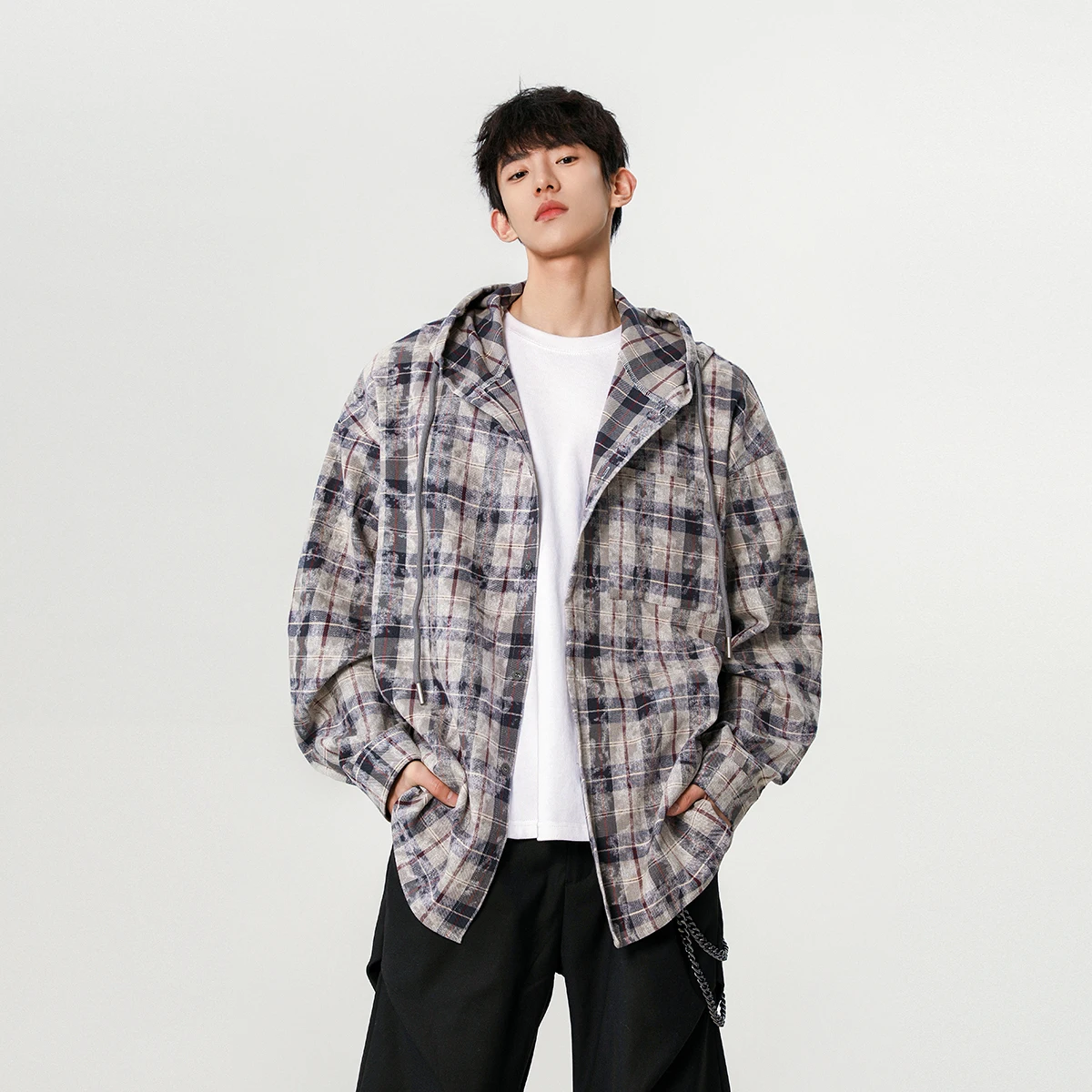 

Retro American Dyeing Hooded Long Sve irt Men Casual Loose Fit Spring Autumn Trendy Brand Cleanfit Jaet Cotton Polyester