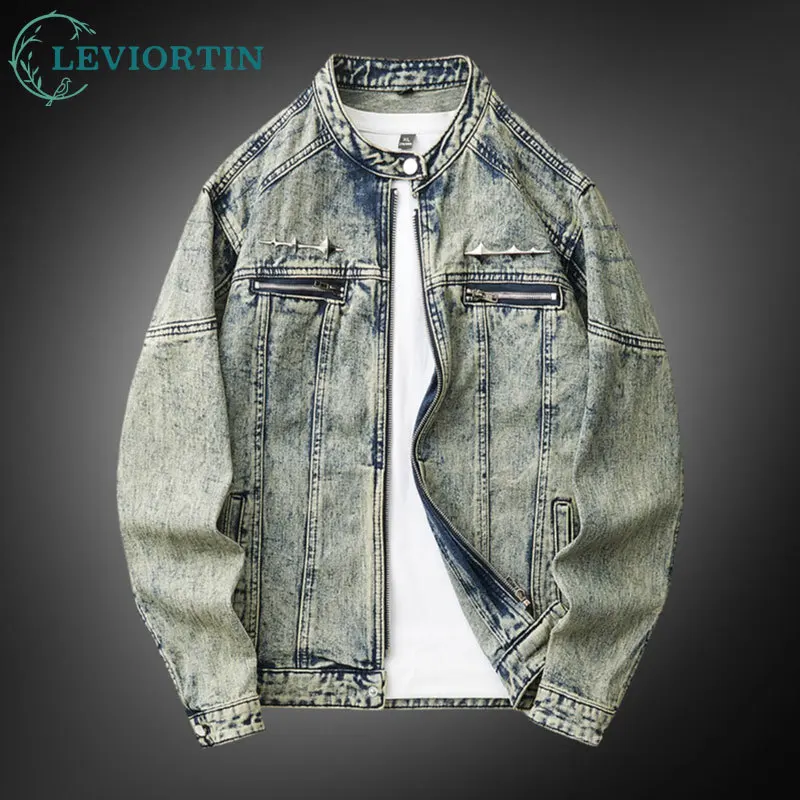 

High Street Men's Cleanfit Short Denim Jacket Washed Stand Collar Denim Jackets and Coats Male Motorcycle Workwear Clothing