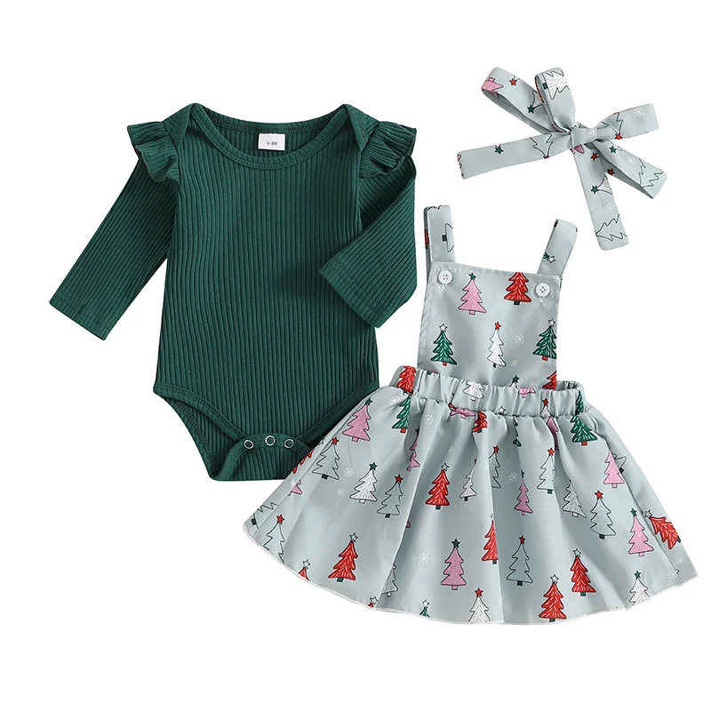 

Baby Girls Fall Outfit Ribbed Long Sleeve Romper and Christmas Tree Print Suspender Skirt Cute Headband 3 Piece Clothes