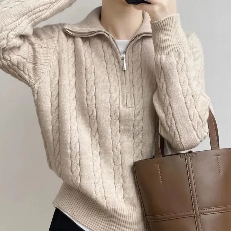 Autumn Oversize Knitted Sweater Women Vintage Pullover Baggy Long Sleeve Zipper Sweaters Lady Half High Collar Korean