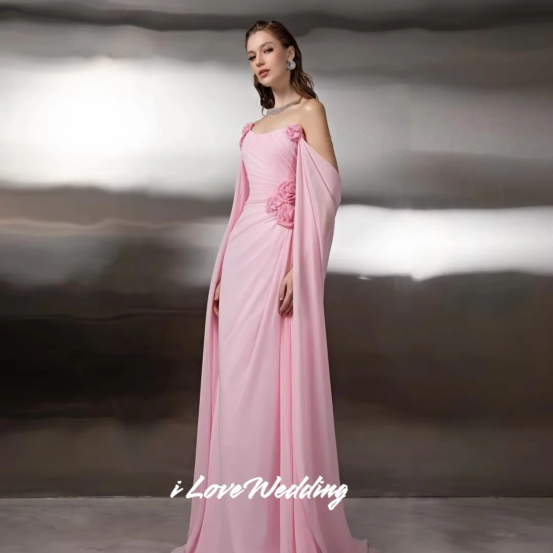 Rosa trägerlose Abendkleider 2025, Chiffon-Schal, 3D-Blumen, Meerjungfrau, Sweep-Zug, bodenlang, Ballkleider, plissiert, individuell gestaltet