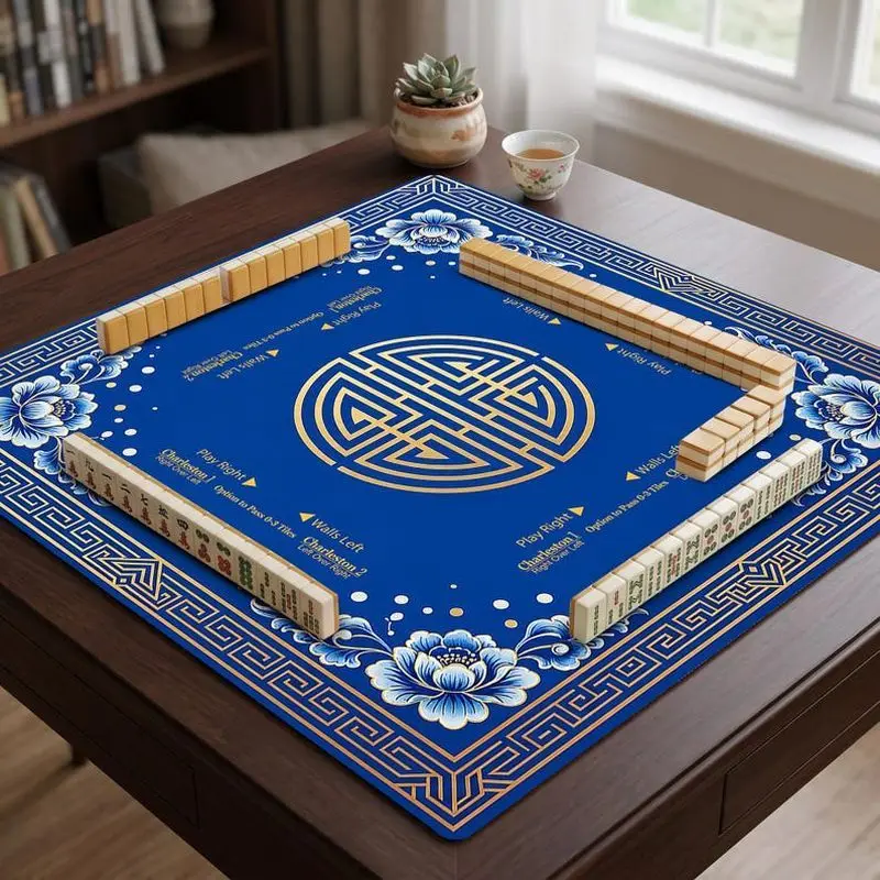 VIKAMA Blue Golden Chinese Knot Mahjong Mat Non Slip Shock Absorb Soft Square Pad Washable American Table