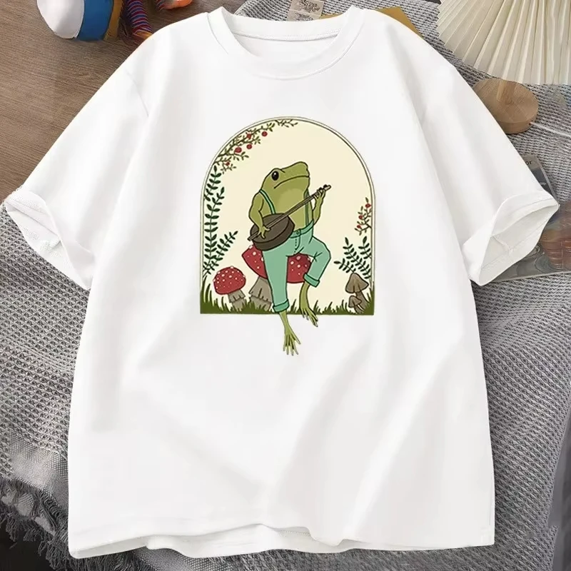 Cute Cottagecore T-shirts Aesthetic Frog Mushroom Print T Shirt Men Women Summer Short Sleeve Tee Shirt Mens Clothes