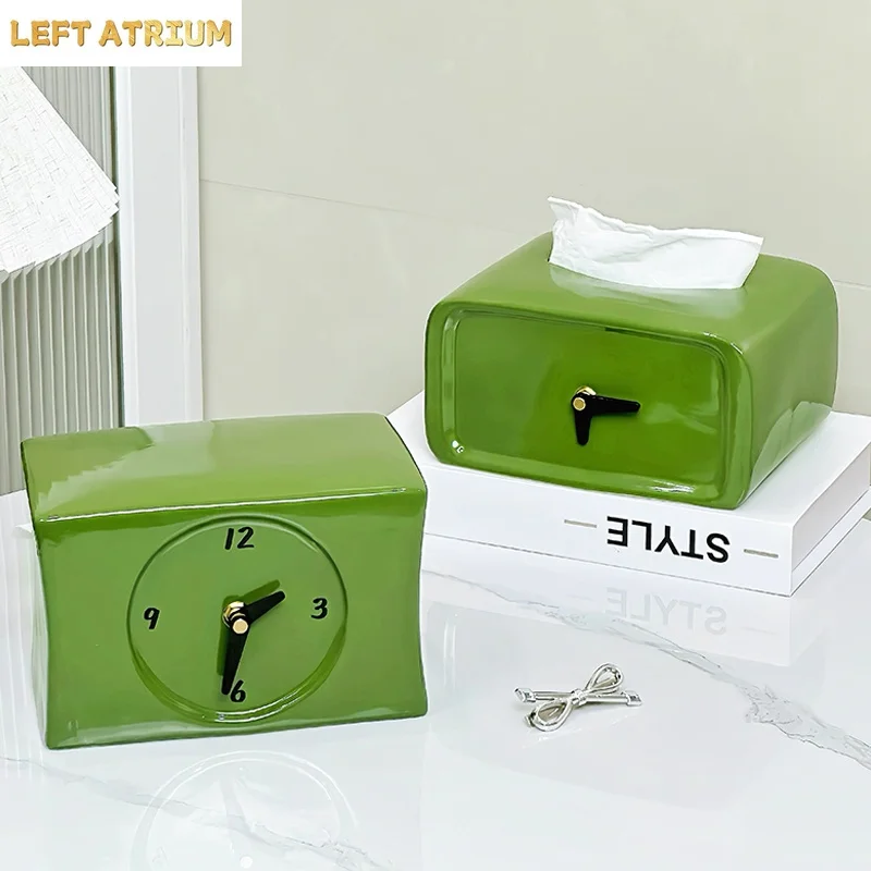 Creative Clock Tissue Box Home Living Room Coffee Table Ceramic Paper Box Desktop Napkins Storage Decorative Ornaments Furniture