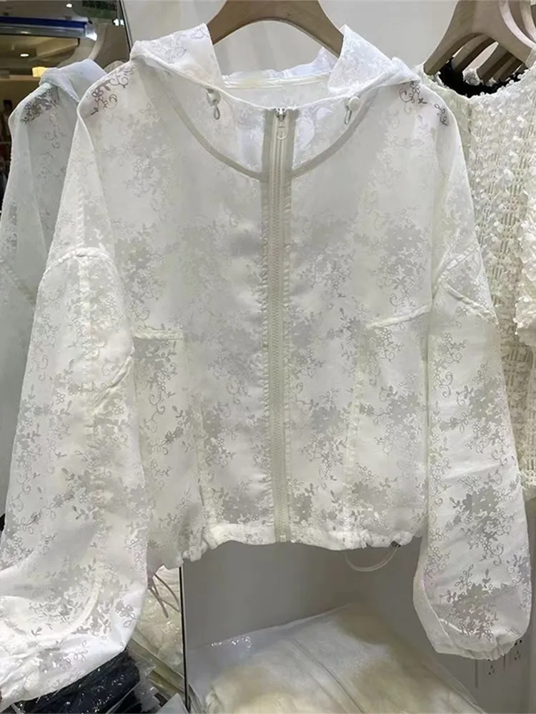 Women's Loose Fit Hollow out Floral Embroidery Hooded Sun Protection Jacket Summer 2026 Casual High-End Feel Top Coat