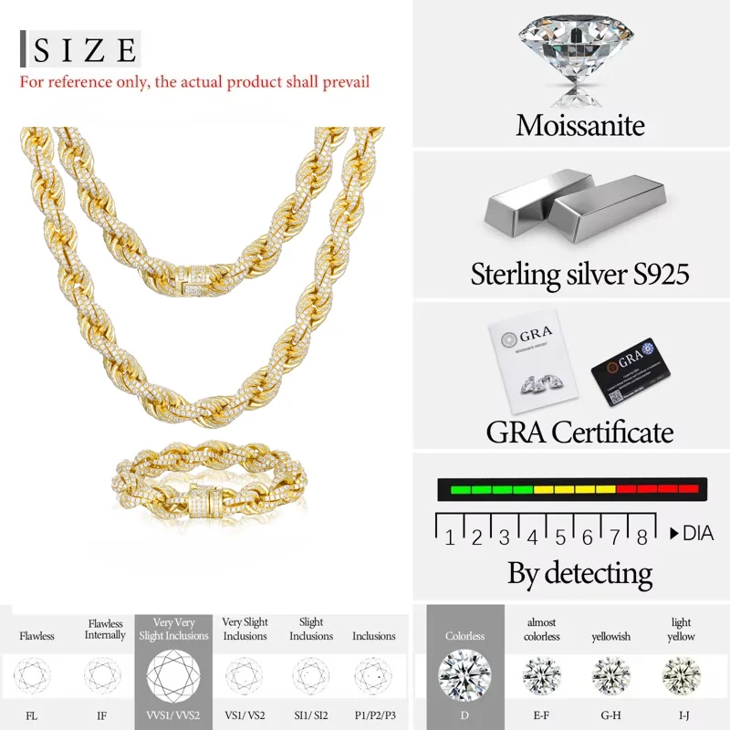 TUHE High Quality Moissanite  Rope Chain S925 Silver Man Moissanite Necklace With Certificate For Men Women Hip Hop Jewelry Gift