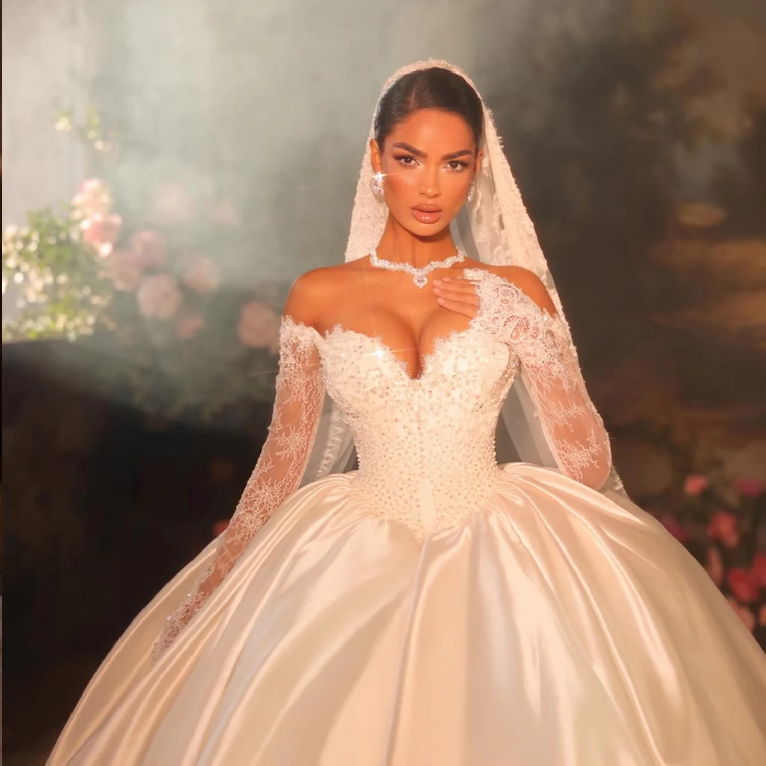 Luxury Off The Shoulder Satin Ball Gown Wedding Dress Deep V Neck Long Sleeves Beaded Bodice Cathedral Train Bridal Gown Custom