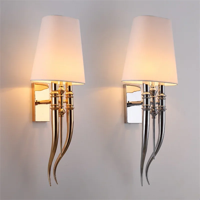 Modern Iron Claw Horn Cloth Wall Light Bedroom Bedside Wall Lamp E27 Luminaire Double Slider Wall Sconce Light Fixtures