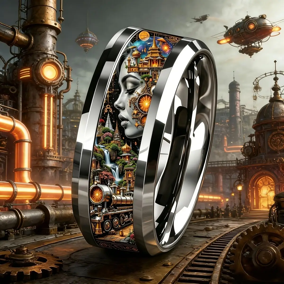 Vintage Steampunk Lady Portrait Steam Train Airship Gear Inlay Stainless Steel Rings For Men Fantasy Industrial Style Jewelry