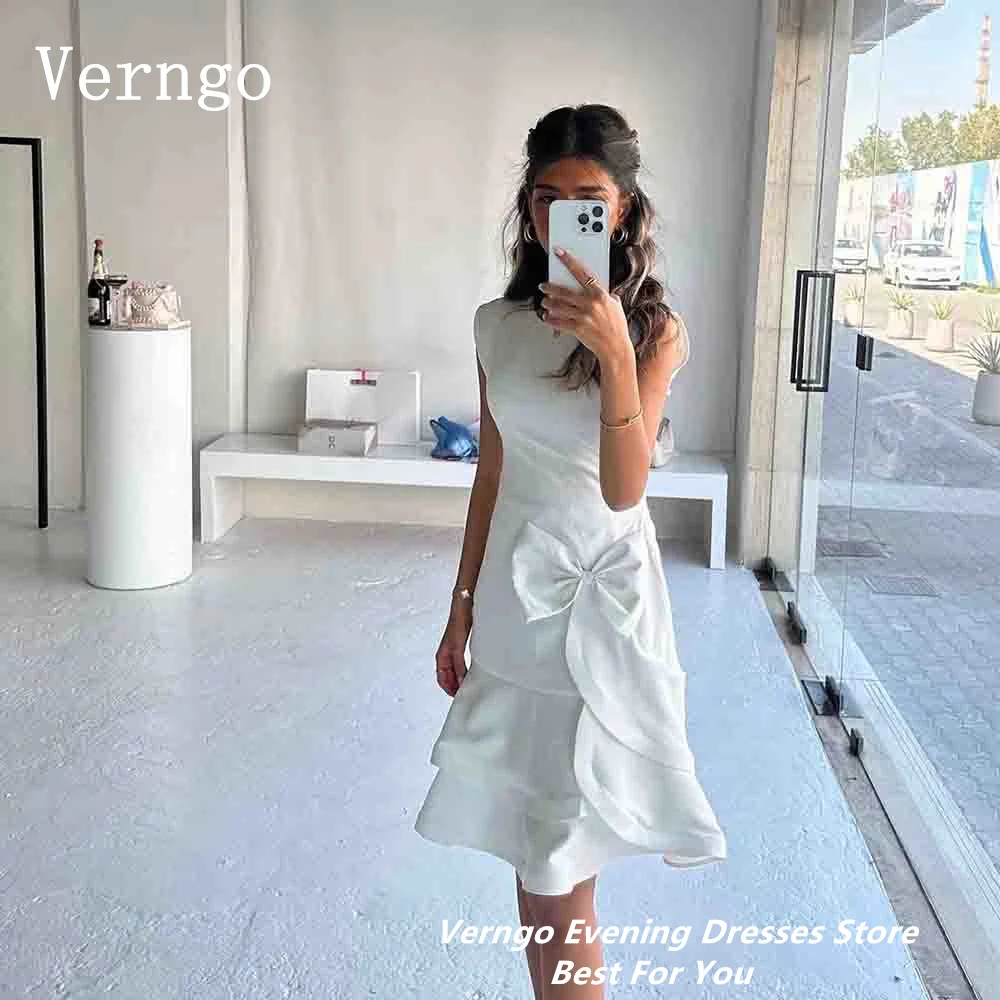 Verngo White Prom Gowns O Neck Sleeveless Short Party Dress 3D Flowers Formal Occasion Dress Saudi Arabic Outfit