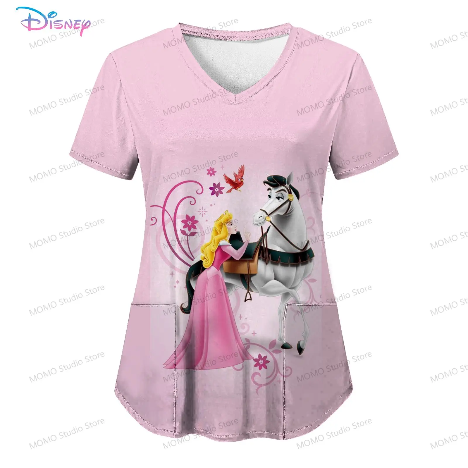 

Disney Princess Pocket Women's V Neck Nurse Uniform T-Shirt S-2XL Woman Clothing Summer Short Sleeve Y2k Street Wear Tops Kawaii