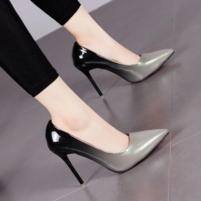 Gradient Color Pointed Toe Shallow 10CM High Heels Pumps Women Shoes2019 Office Mixed Colors Thin Heels Rubber Sole Ladies Shoes