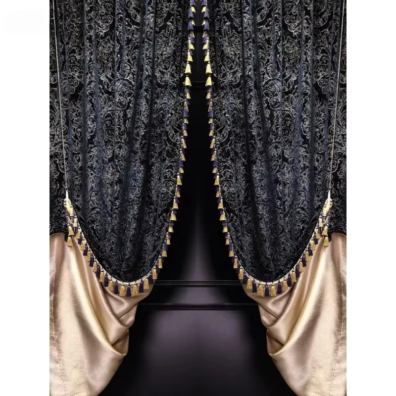 French Light Luxury Blue Velvet Stamping Blackout Luxury Curtains for Living Dining Room Bedroom American Window European