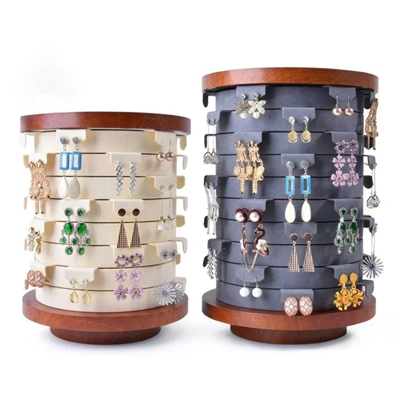 

Jewelry Storage Holder Earring Organizer Rotating Base Exhibition Large Container Rotating Display Stand Wooden Grain Trinkets