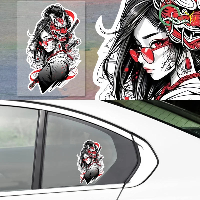 for Warrior Samurai Girl Oni Mask Car Stickers Simple Cartoon Decals Scratch-Proof Surfboard Car Label