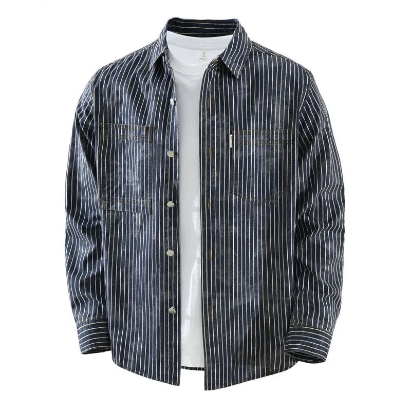 

Японская винтажная полосатая рубашка с длинным рукавом, мужские повседневные повседневные мужские рубашки с карманами и лацканами, рубашка на пуговицах из 100% хлопка, удобная одежда