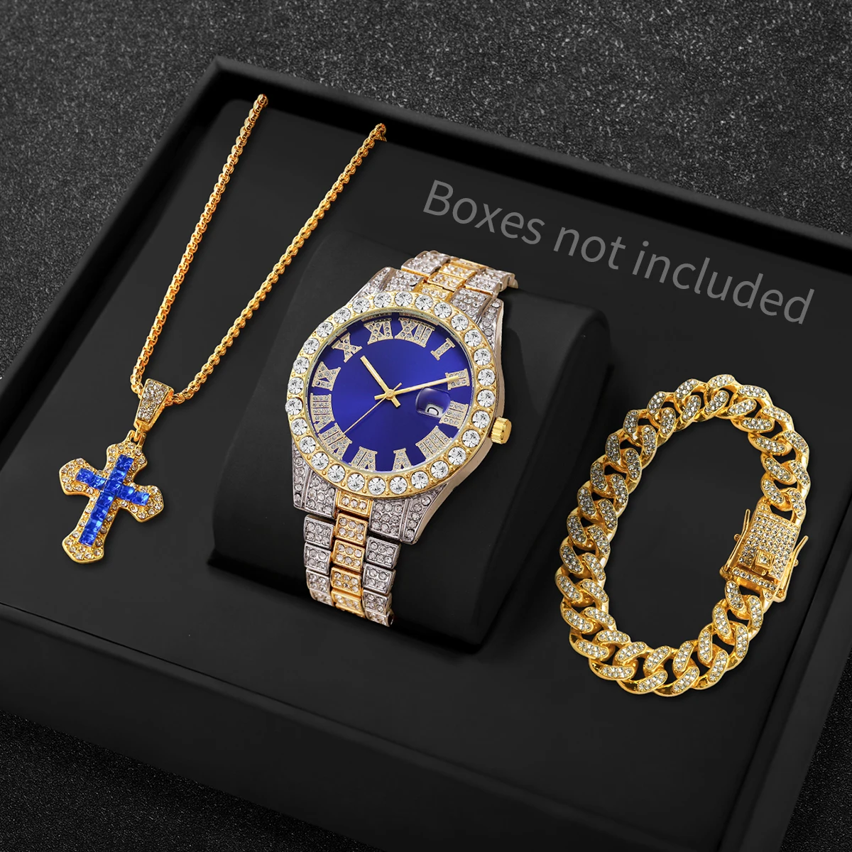 3PCS Luxury Full Diamond Men Quartz Watch Set with Necklace