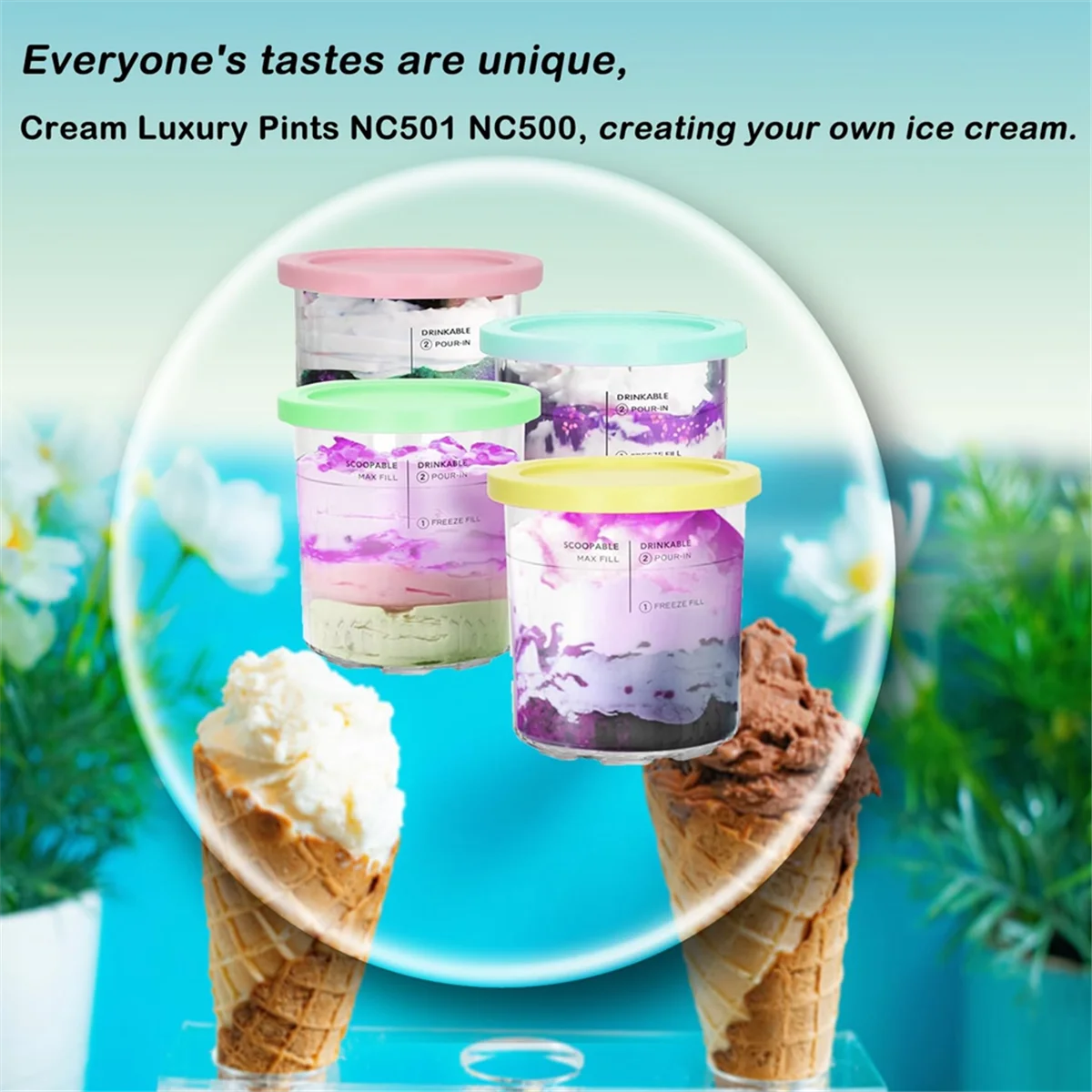 Ice Cream Containers Replacement for Ninja Creami Pints and Lids 24oz Cups Creami Deluxe NC501 NC500 Series with Scoops