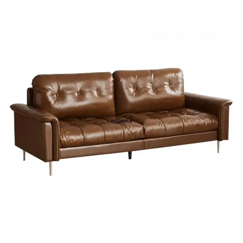 

Medieval oil wax leather creative sofa living room retro old caramel color large straight row sofa
