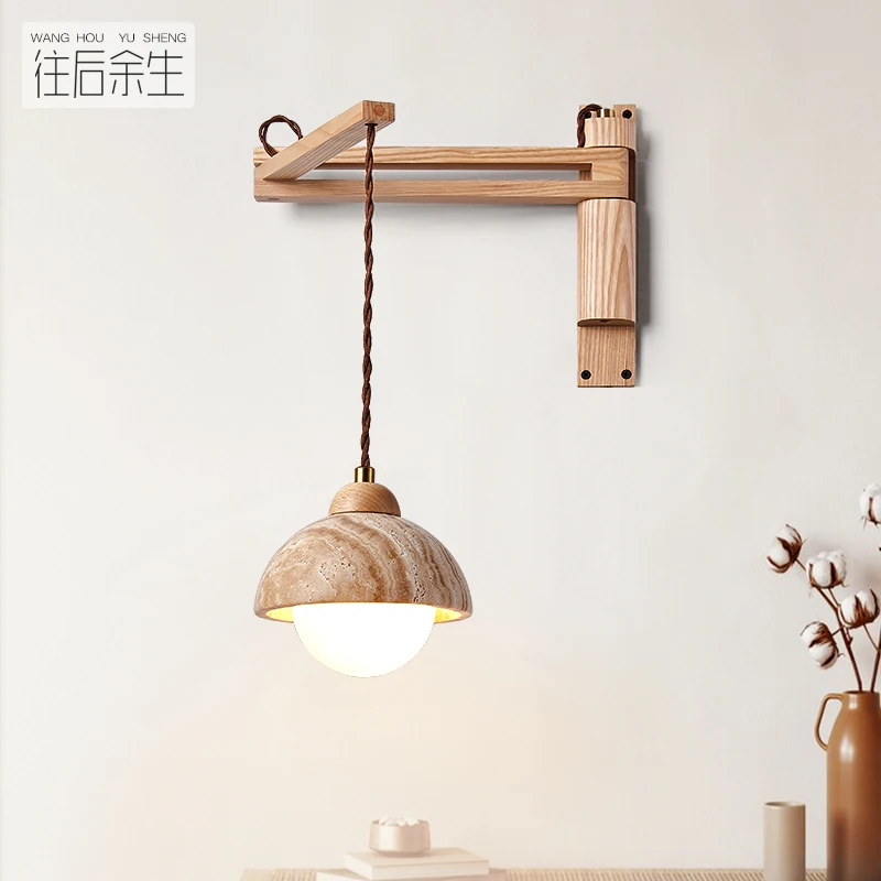 Japanese Wood Retractable And Foldable Wall Lamp For Bedroom Nordic Cream Rocker Arm Sconce Lamp With Stone Lampshade E27 Bulb