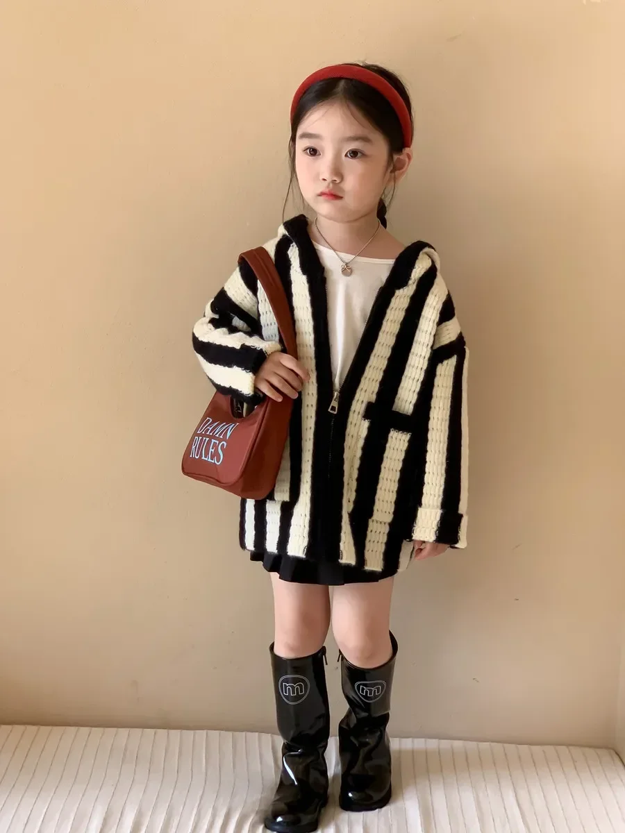 Hooded Sweater Girls Coat Lovely 2023 Spring Autumn New Korean Version Striped Casual All-match Hooded Kids Tops for Girls