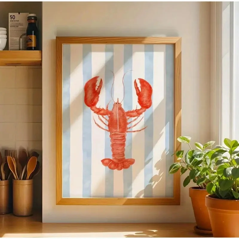 Modern Abstract Lobster Wall Art Poster  Living Room Kitchen Dining Room Light Blue White Striped Bright Lobster Canvas Print