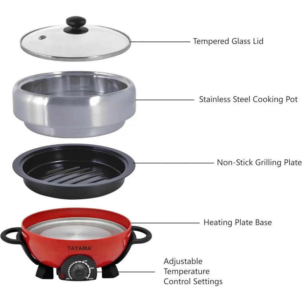 Shabu and Grill 3 Qt. Red Electric Multi-Cooker with Stainless Steel Pot, 3Qt