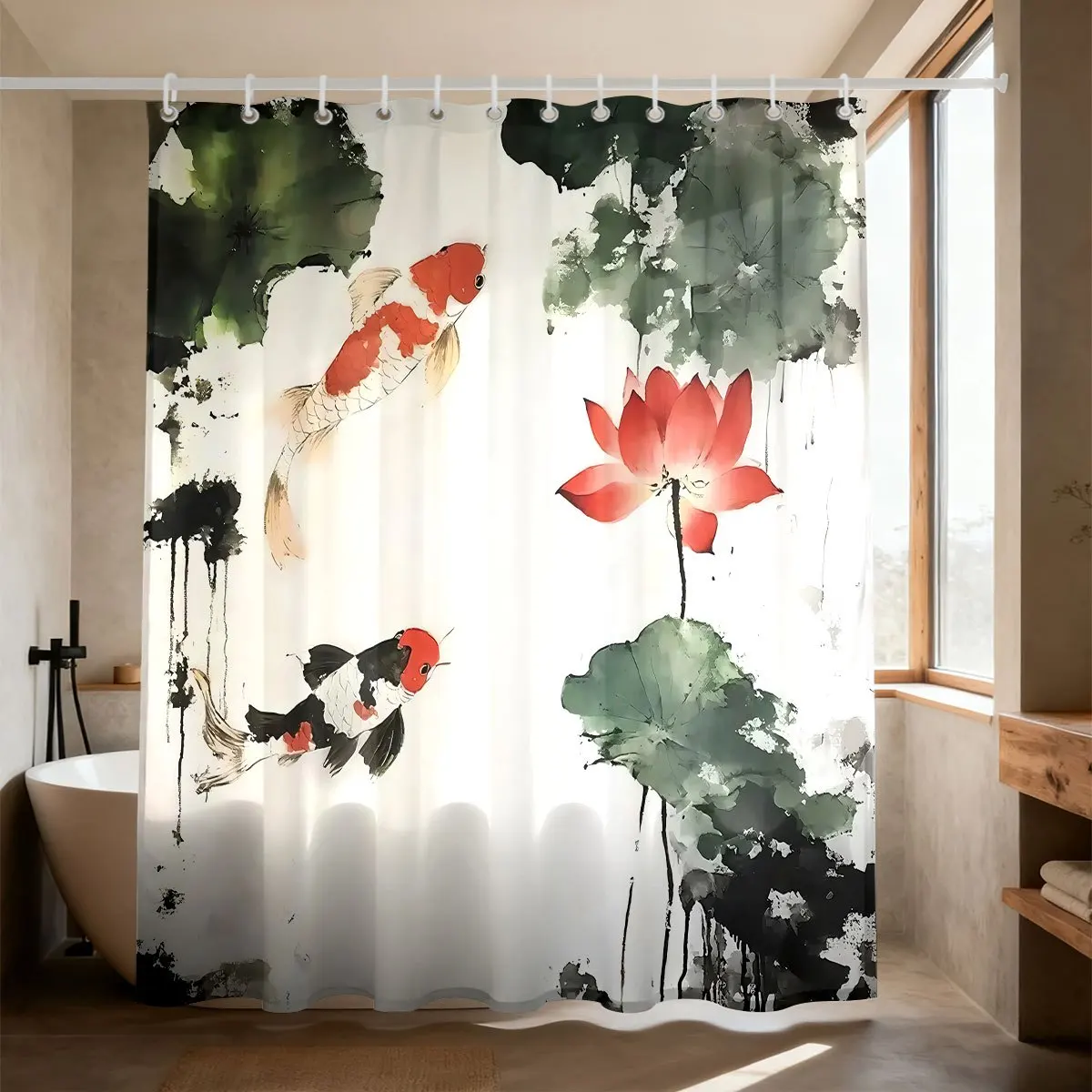 Elegant Watercolor Koi Fish and Red Lotus Flower Pattern Shower Curtain Waterproof Bathroom Decor 180x180cm