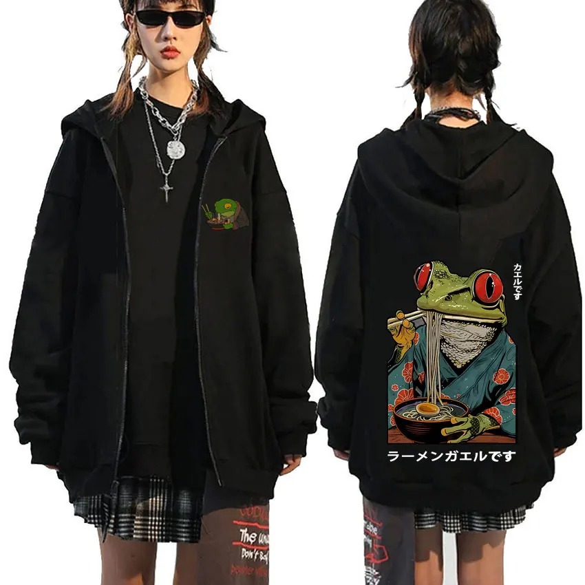 

Frog Eat Ramen Funny Meme Graphic Zipper Hoodie Men Women Vintage Japanese Style Zip Up Hoodies Male Casual Fleece Cotton Jacket
