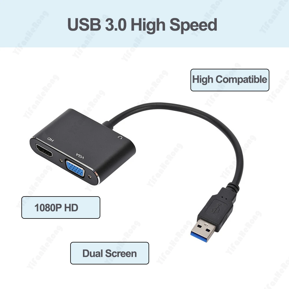 1080P HD USB3.0 to VGA HDMI-Compatible Audio Video Converter for Computer Laptop to Monitor/TV Dual Screen Display