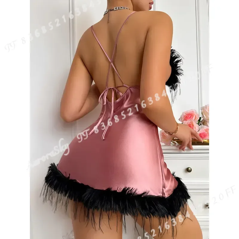 Sexy V Neck Feather Trim Women Nightgown Elegant Solid Color Short Pajamas Fashion Home Sleepwear Party Lingerie Dress