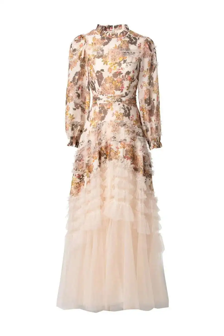 Elegante manga longa ral maxi vestidos femininos primavera verão malha tule impresso festa à noite vestidos camada babados bolo robe