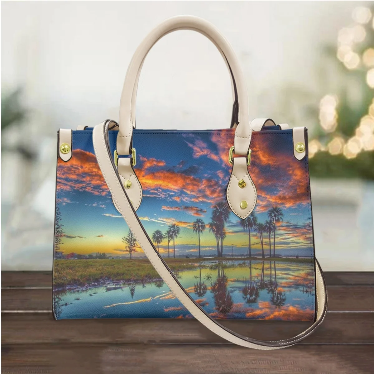 FORUDESIGNS Fashion Fantasy Leather Handbags Shoulder Hand Bag Painting Sunset Scenery Women Tote Bags Party Outing Popular