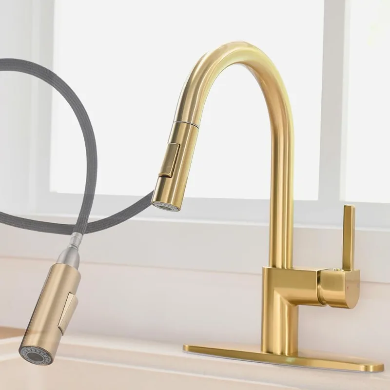 Gold Kitchen Faucet with Pulldown Sprayer - Modern Single-handle Hand Pull Kitchen Sink Faucet with Deck Plate